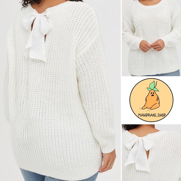 Torrid Open Back Tie Bow Sweater Oversized Knit Long Sleeve Pullover Ivory 1X - Picture 1 of 10